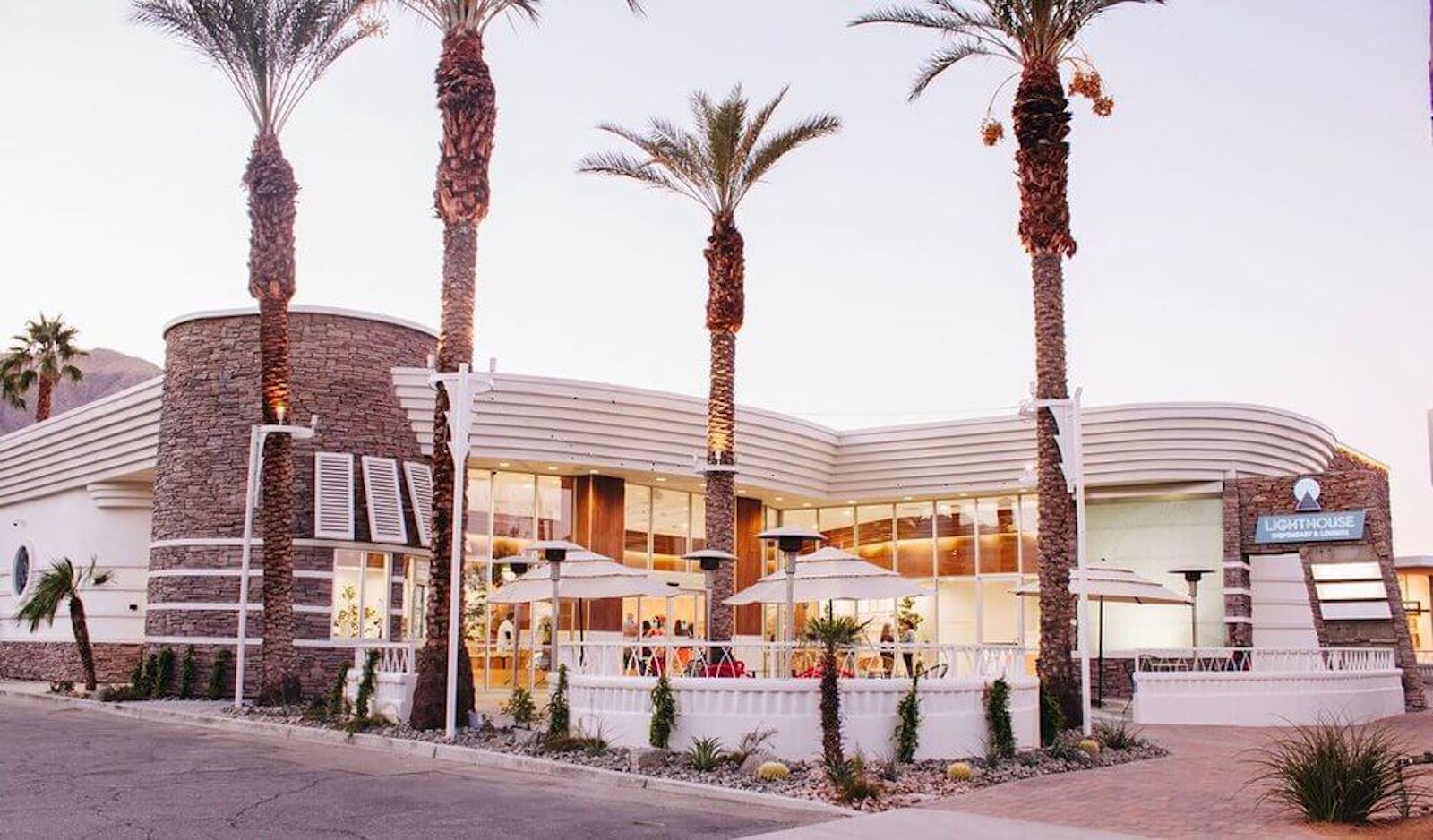Full width image of the exterior of The Lighthouse Dispensary in Palm Springs